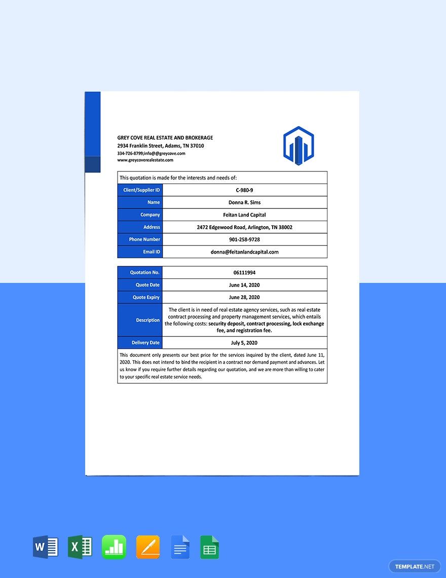 Real Estate Agency Quotation Template in Word, Google Docs, Excel, Google Sheets, Apple Pages, Apple Numbers