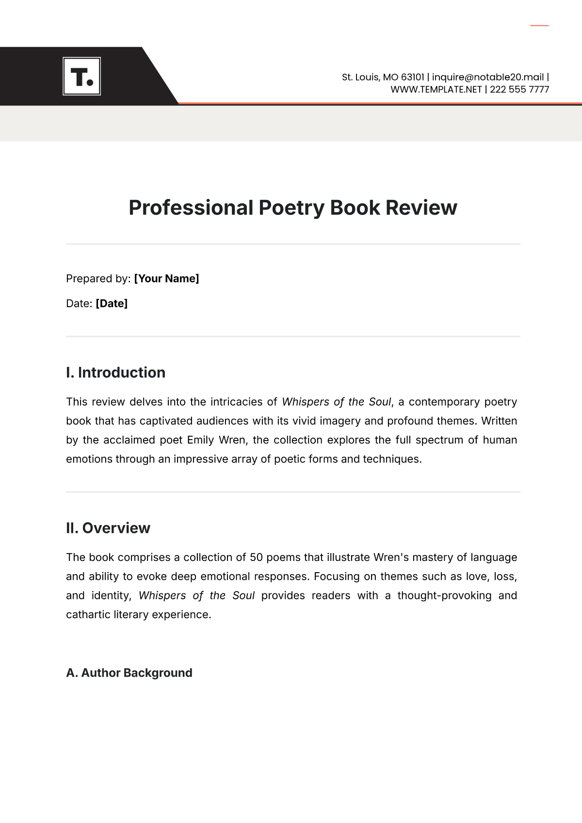 Professional Poetry Book Review Template - Edit Online & Download