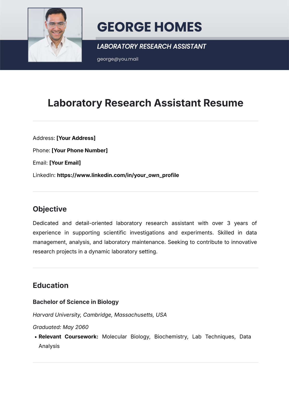 Laboratory Research Assistant Resume Template - Edit Online & Download