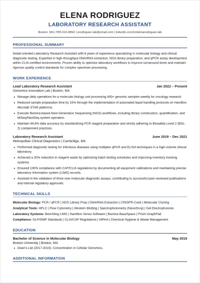 Free Laboratory Research Assistant ATS Resume Template