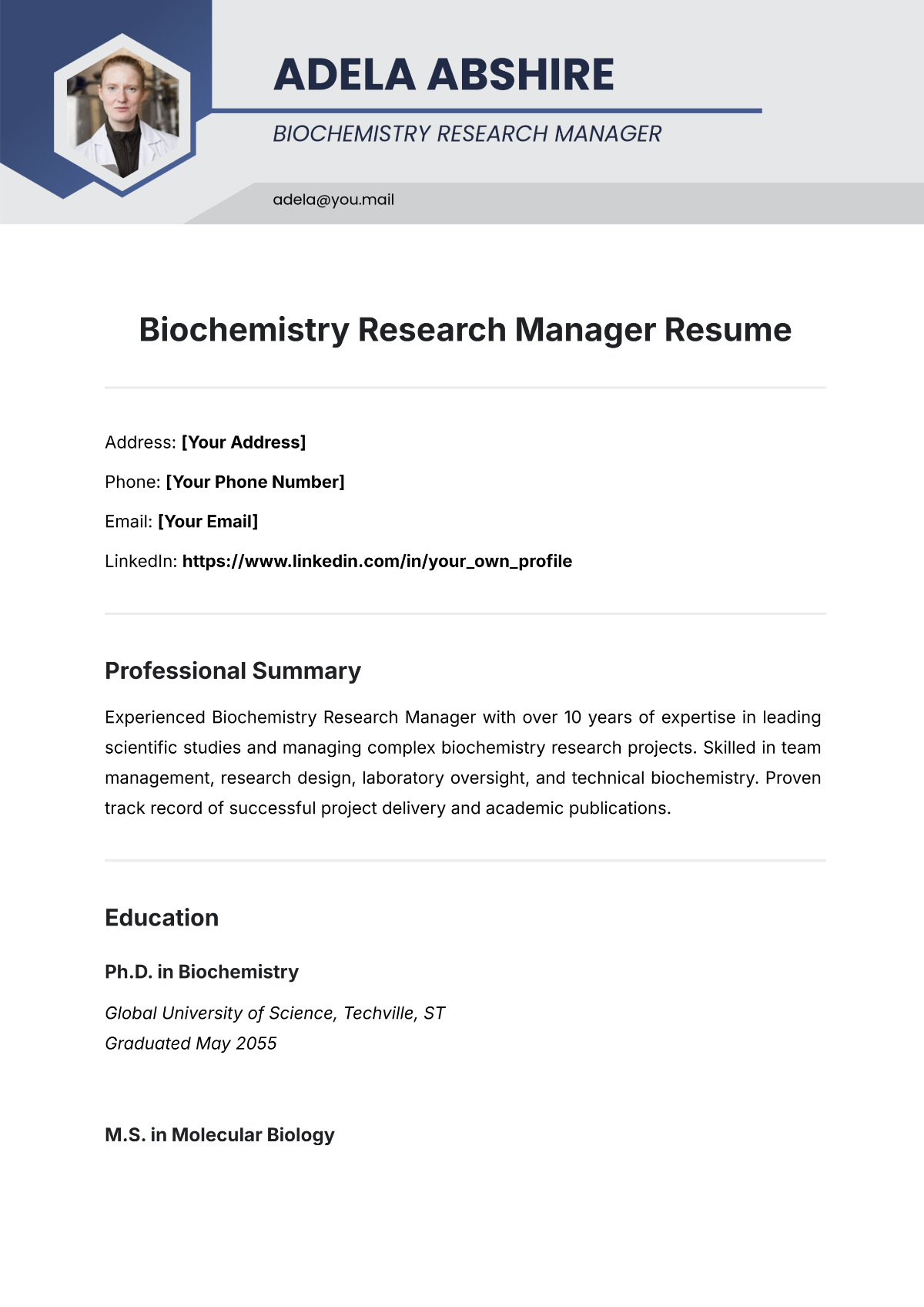 Biochemistry Research Manager Resume Template - Edit Online & Download