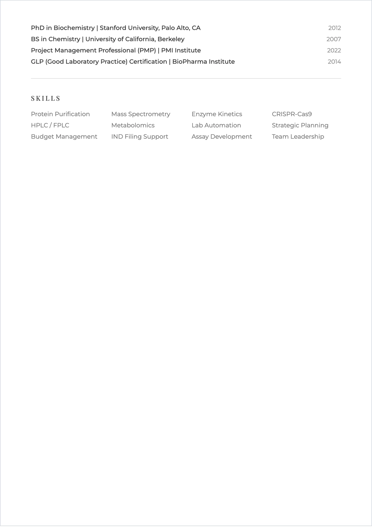 Free Biochemistry Research Manager ATS Resume Template