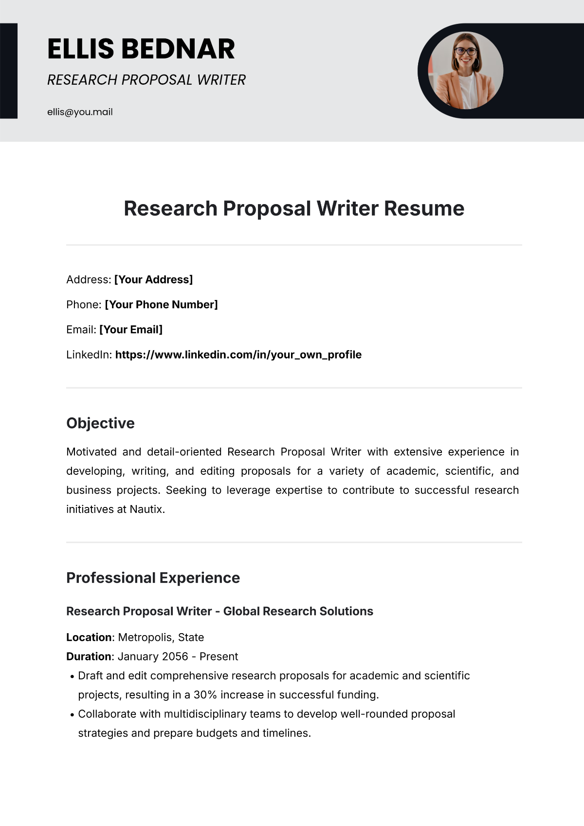 Research Proposal Writer Resume Template - Edit Online & Download