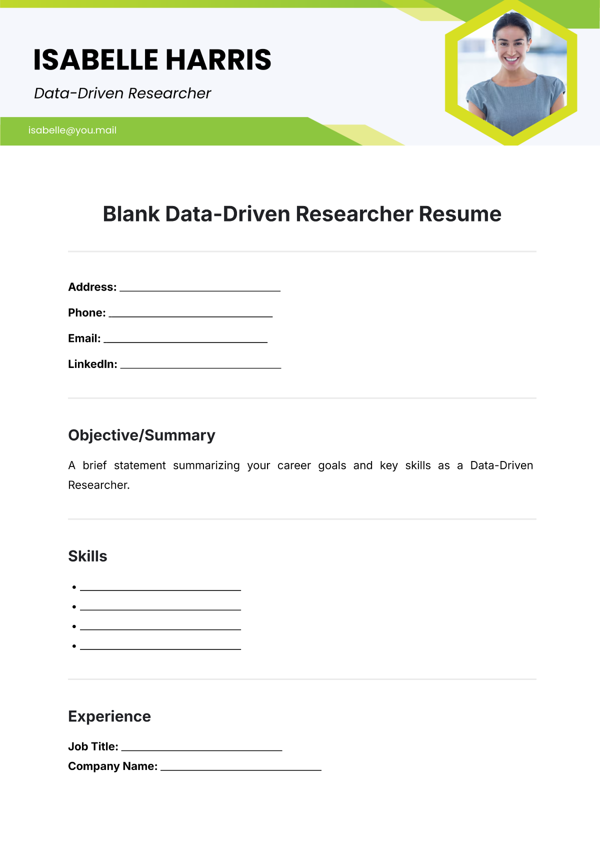 Blank Data-Driven Researcher Resume Template - Edit Online & Download