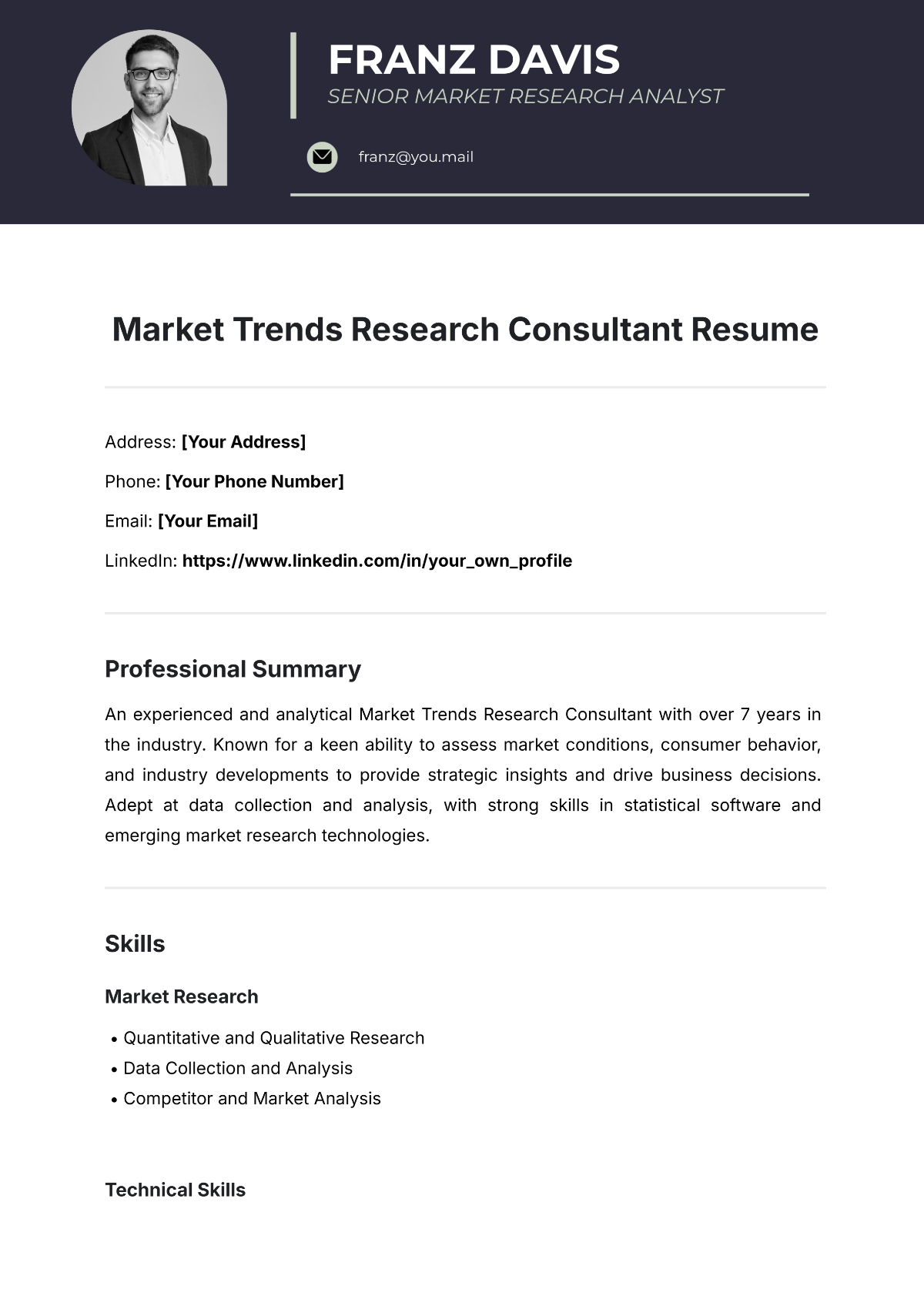 Market Trends Research Consultant Resume Template - Edit Online & Download