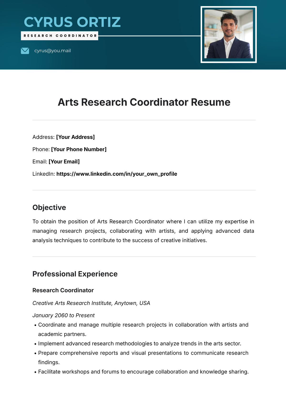 Arts Research Coordinator Resume Template - Edit Online & Download