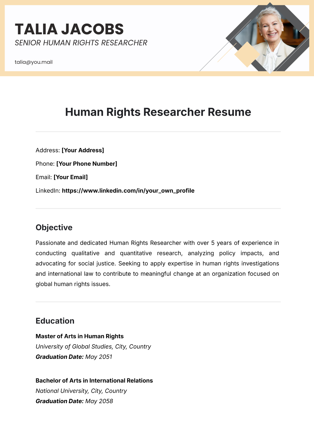 Human Rights Researcher Resume Template - Edit Online & Download