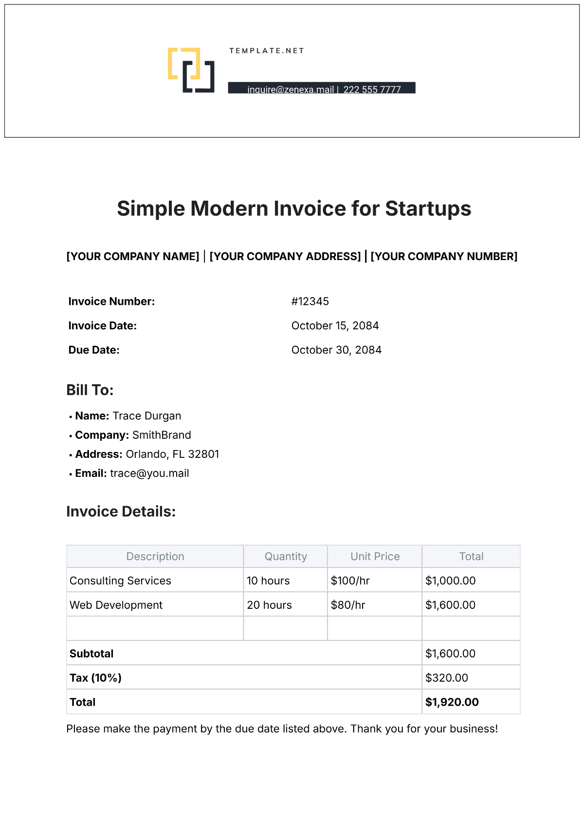 Simple Modern Invoice Template for Startups - Edit Online & Download