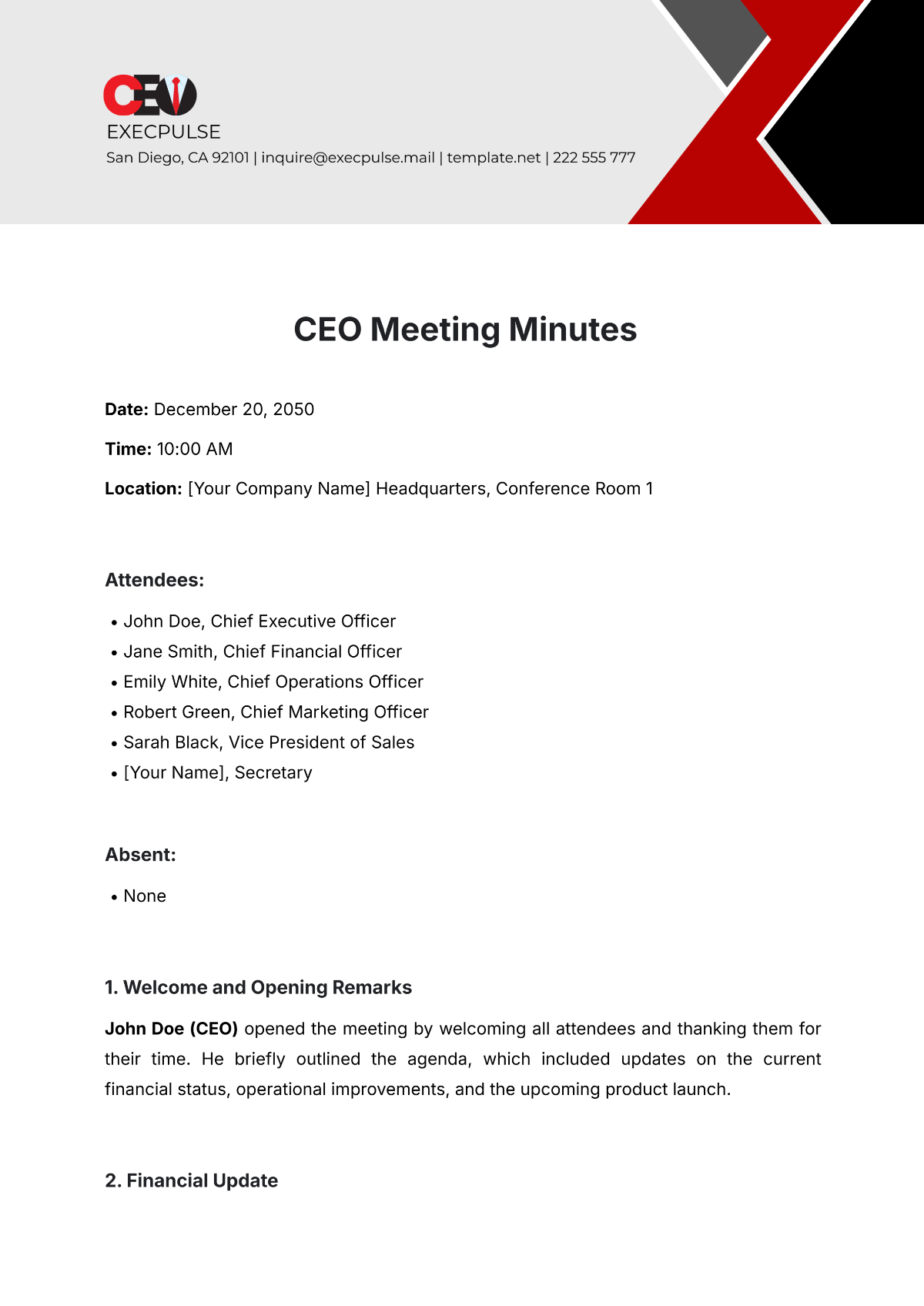 CEO Meeting Minutes Template - Edit Online & Download