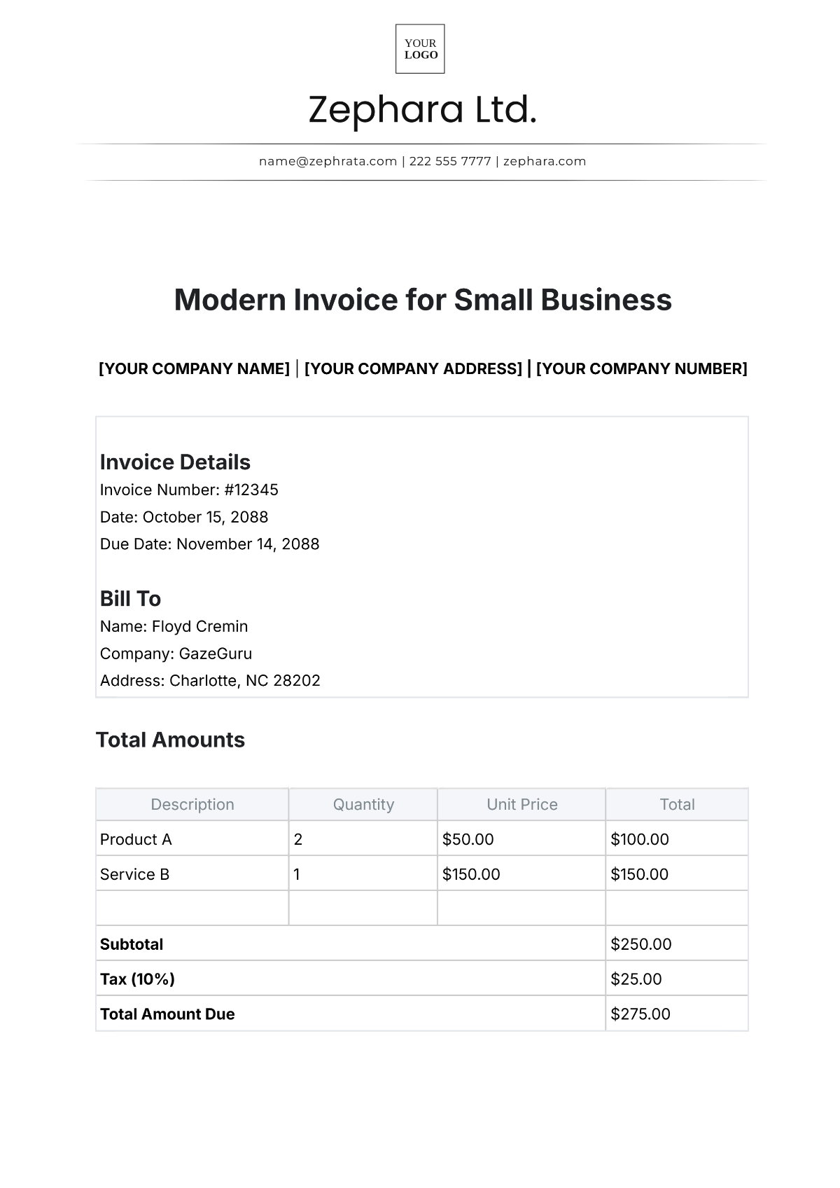 Modern Invoice Template for Small Business - Edit Online & Download