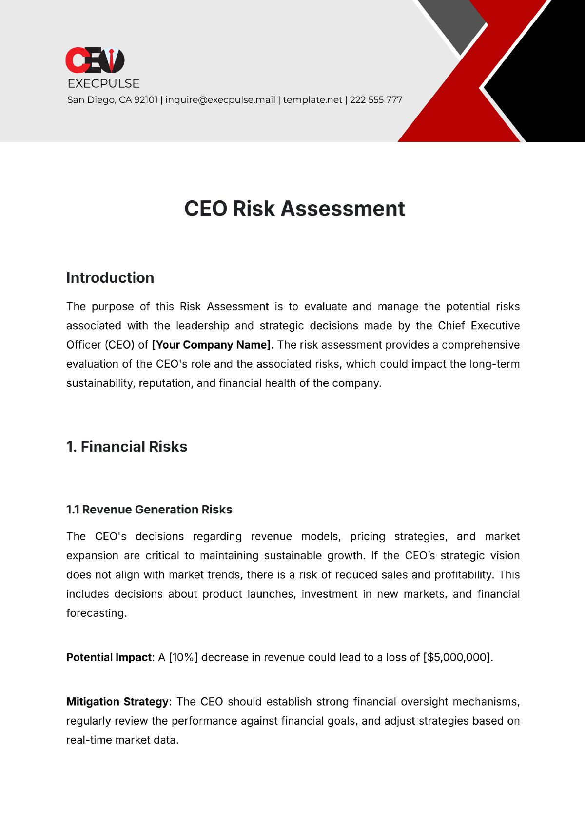 CEO Risk Assessment Template - Edit Online & Download