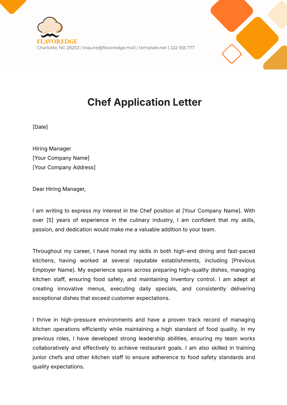 Chef Application Letter Template - Edit Online & Download