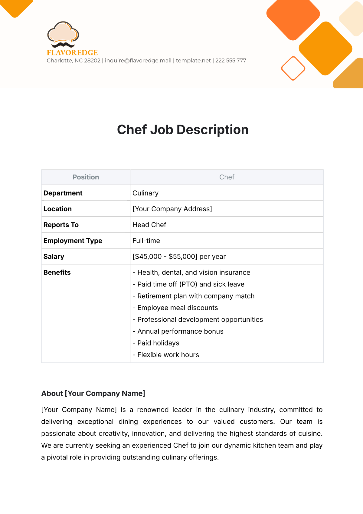 Chef Job Description Template - Edit Online & Download