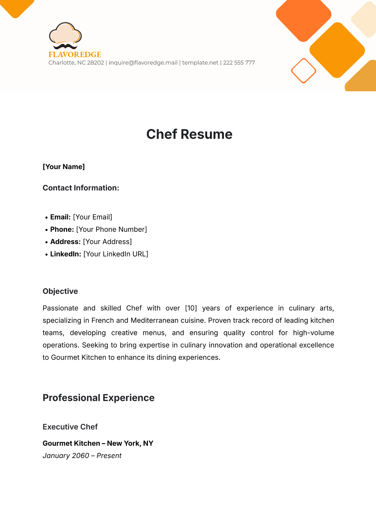 Chef Resume Template - Edit Online & Download