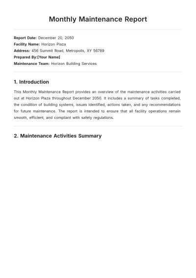 Free Monthly Maintenance Report Template to Edit Online