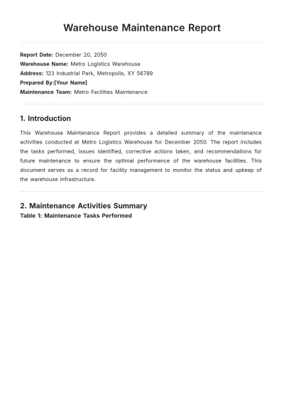 Free Warehouse Maintenance Report Template to Edit Online
