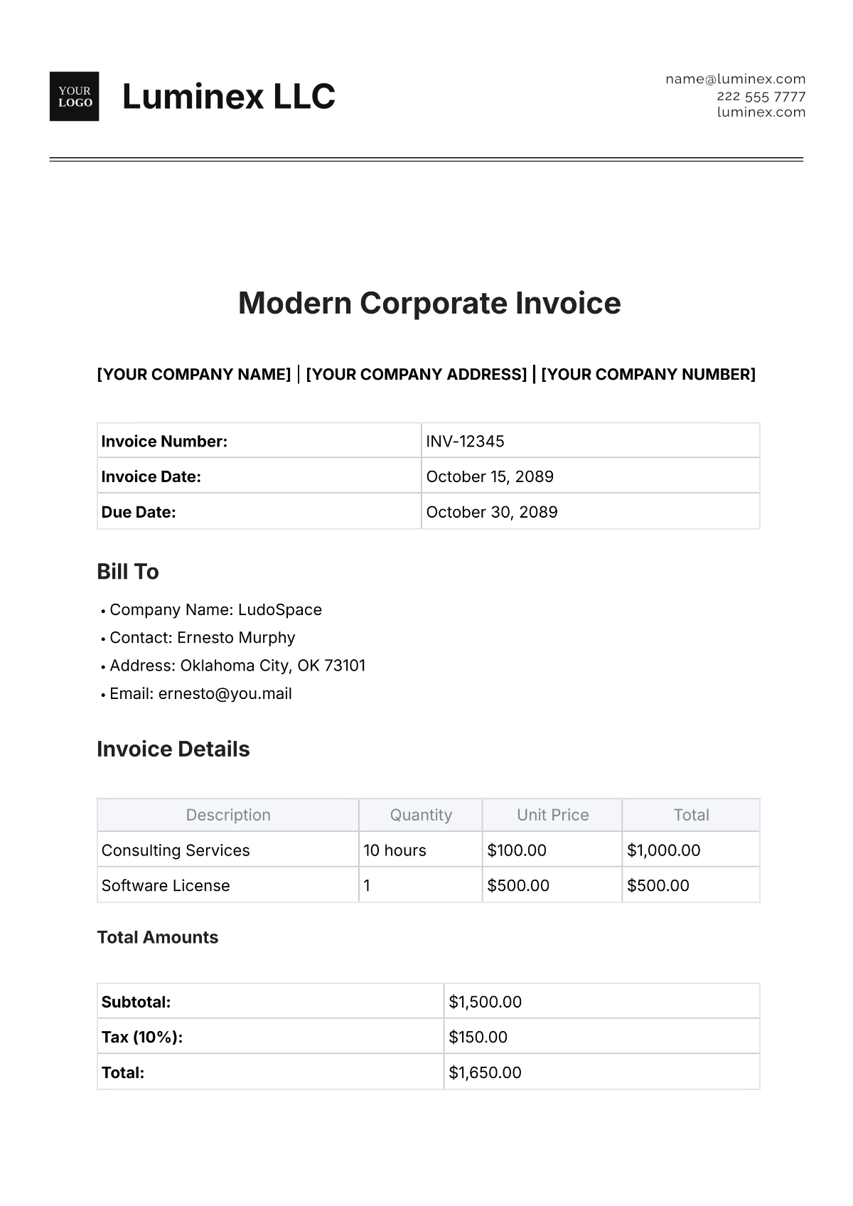 Modern Corporate Invoice Template - Edit Online & Download