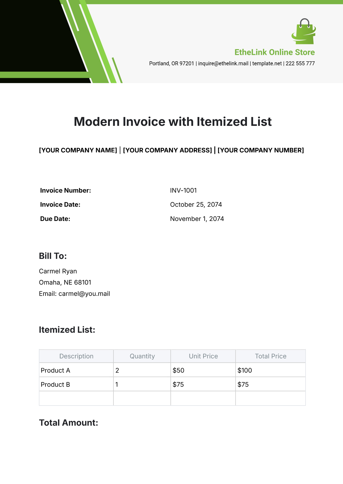 Modern Invoice Template with Itemized List - Edit Online & Download