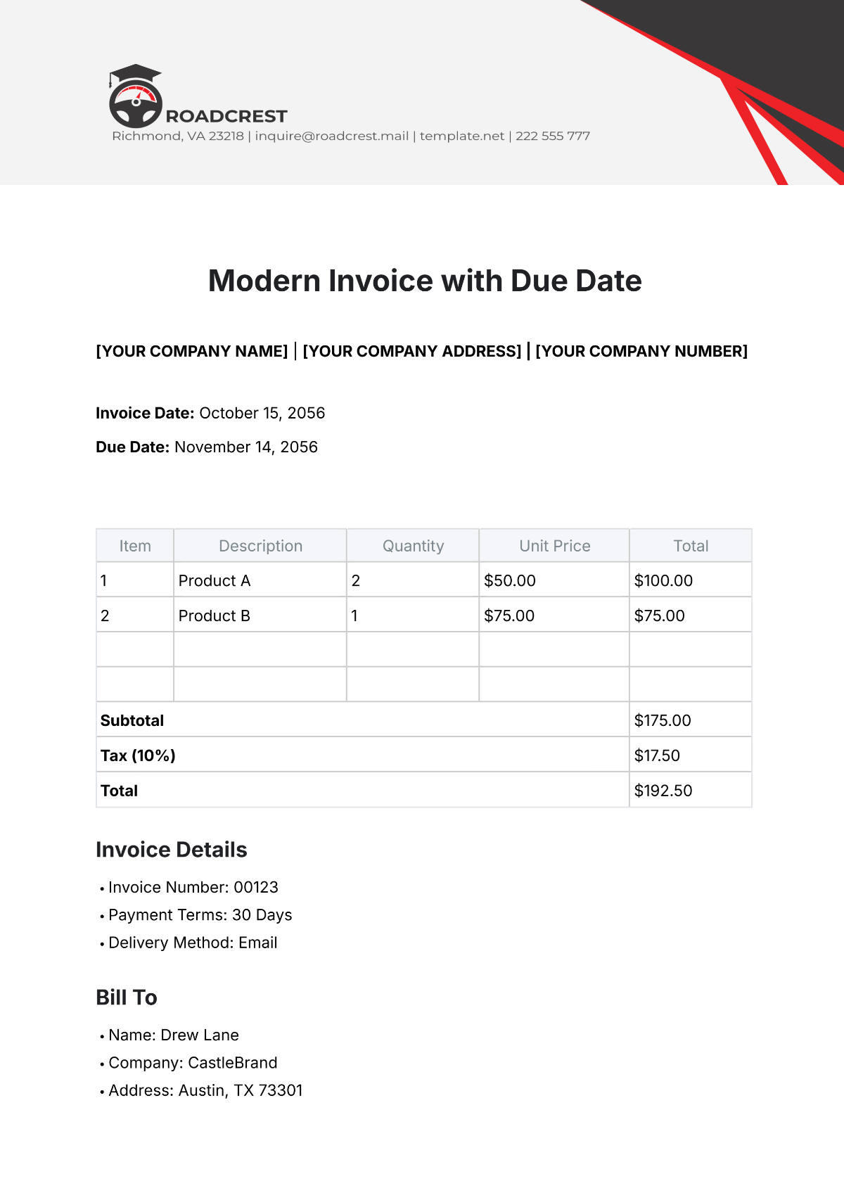 Modern Invoice Template with Due Date - Edit Online & Download