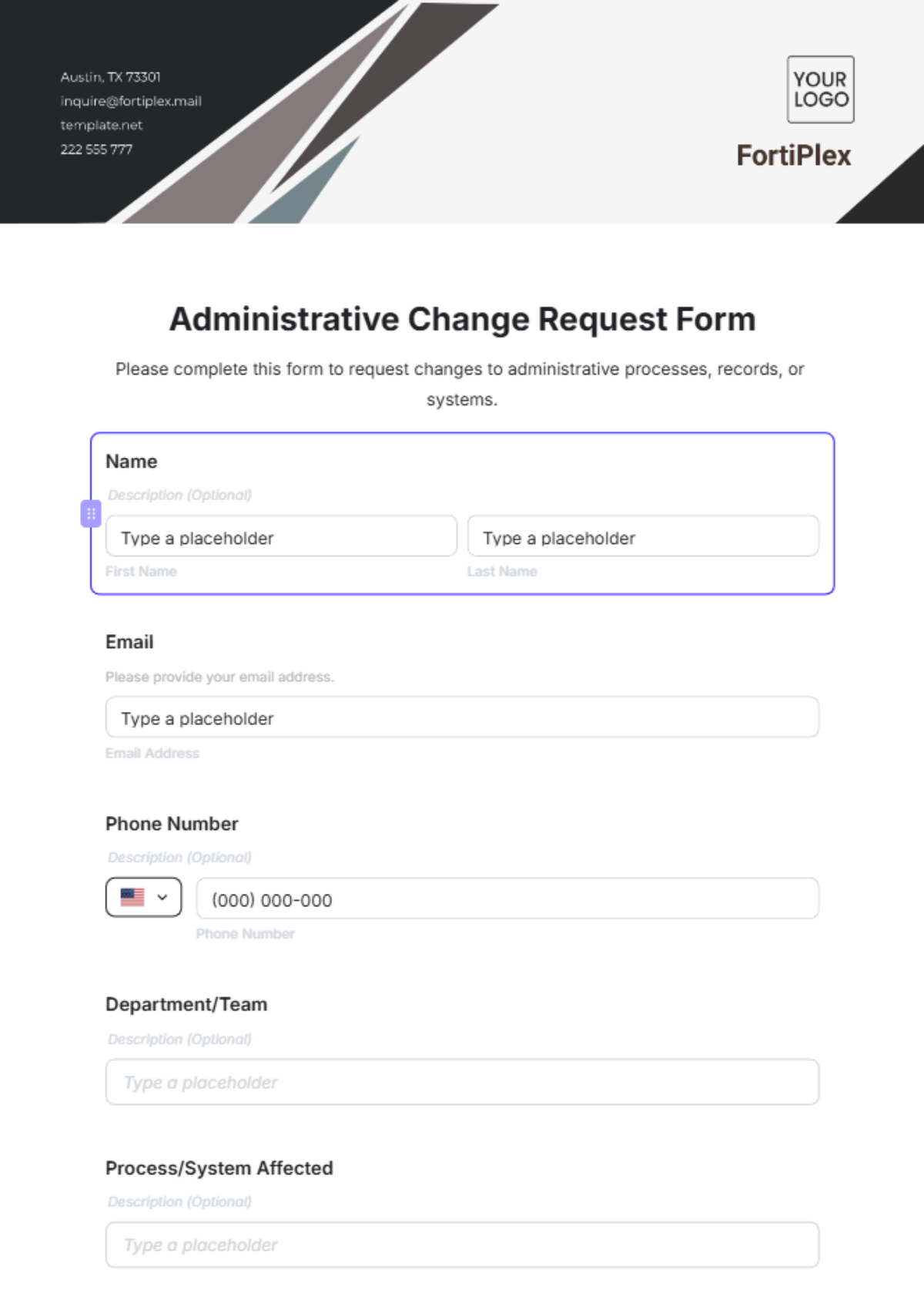 Free Administrative Change Request Form Template