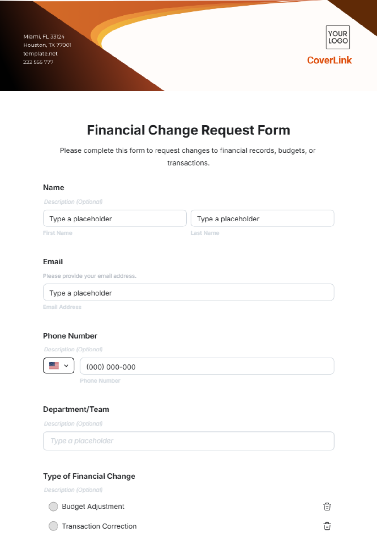 Free Financial Change Request Form Template