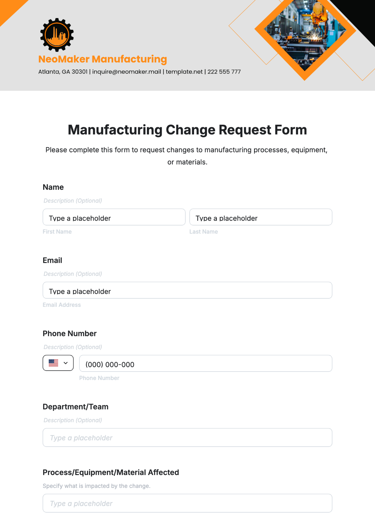 Free Manufacturing Change Request Form Template