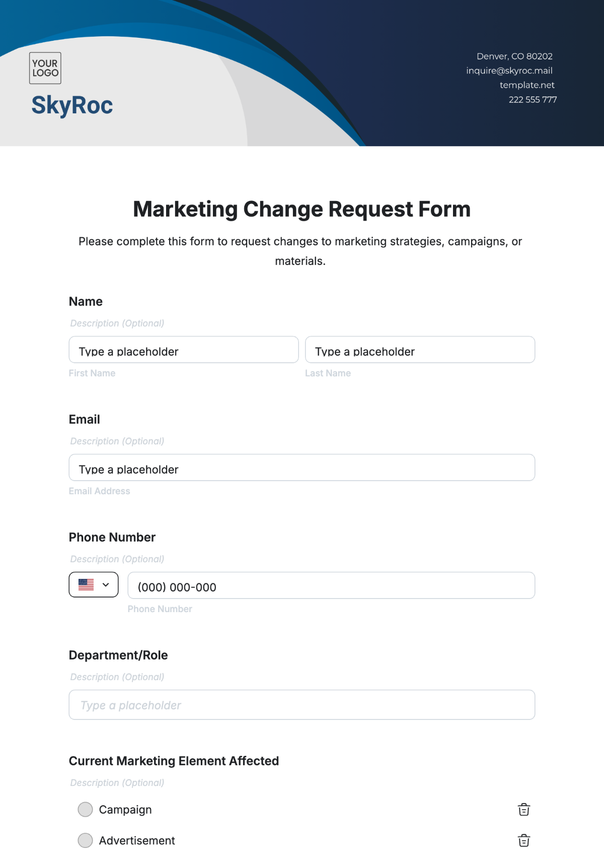 Free Marketing Change Request Form Template