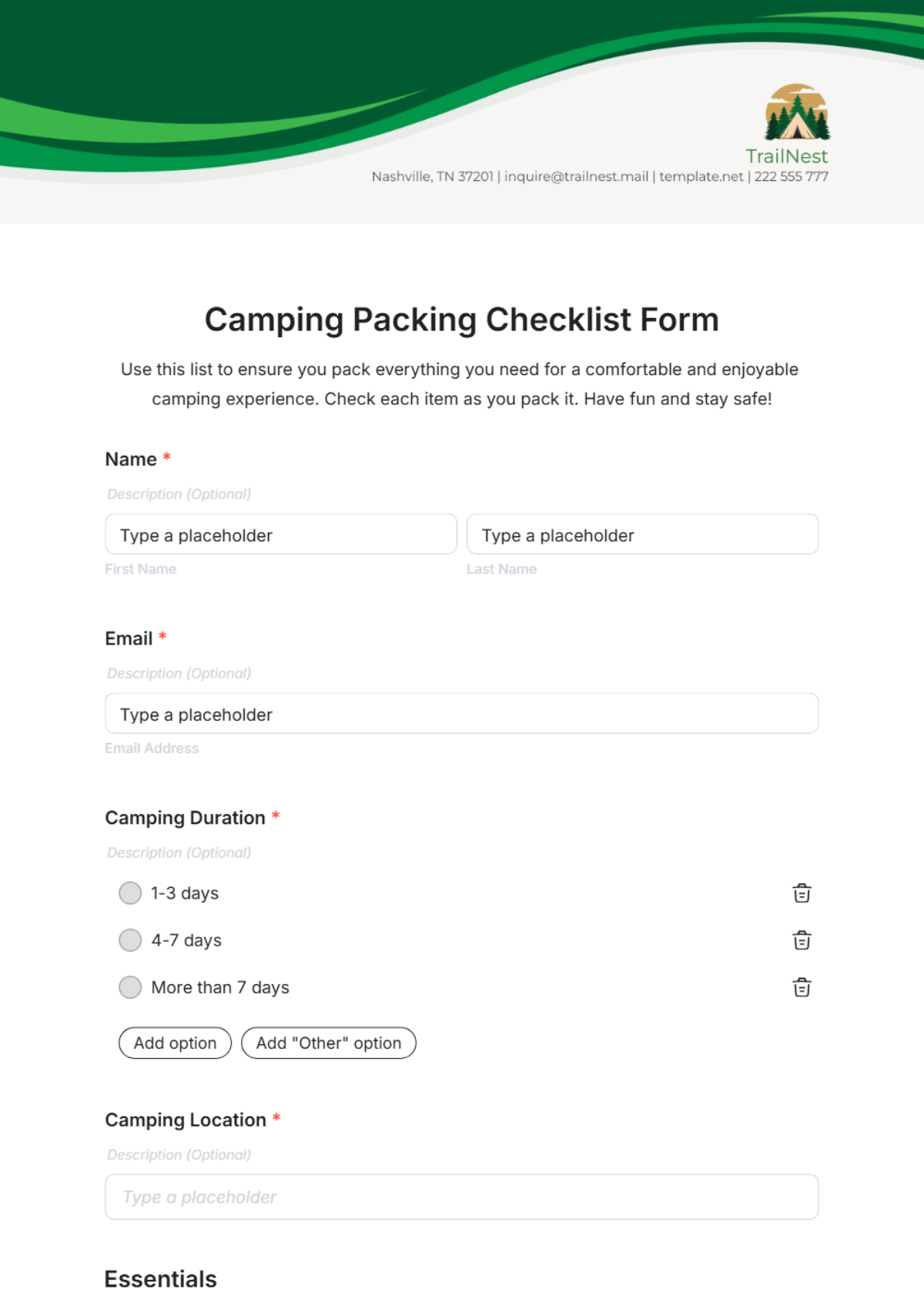 Camping Packing Checklist Form Template - Edit Online & Download