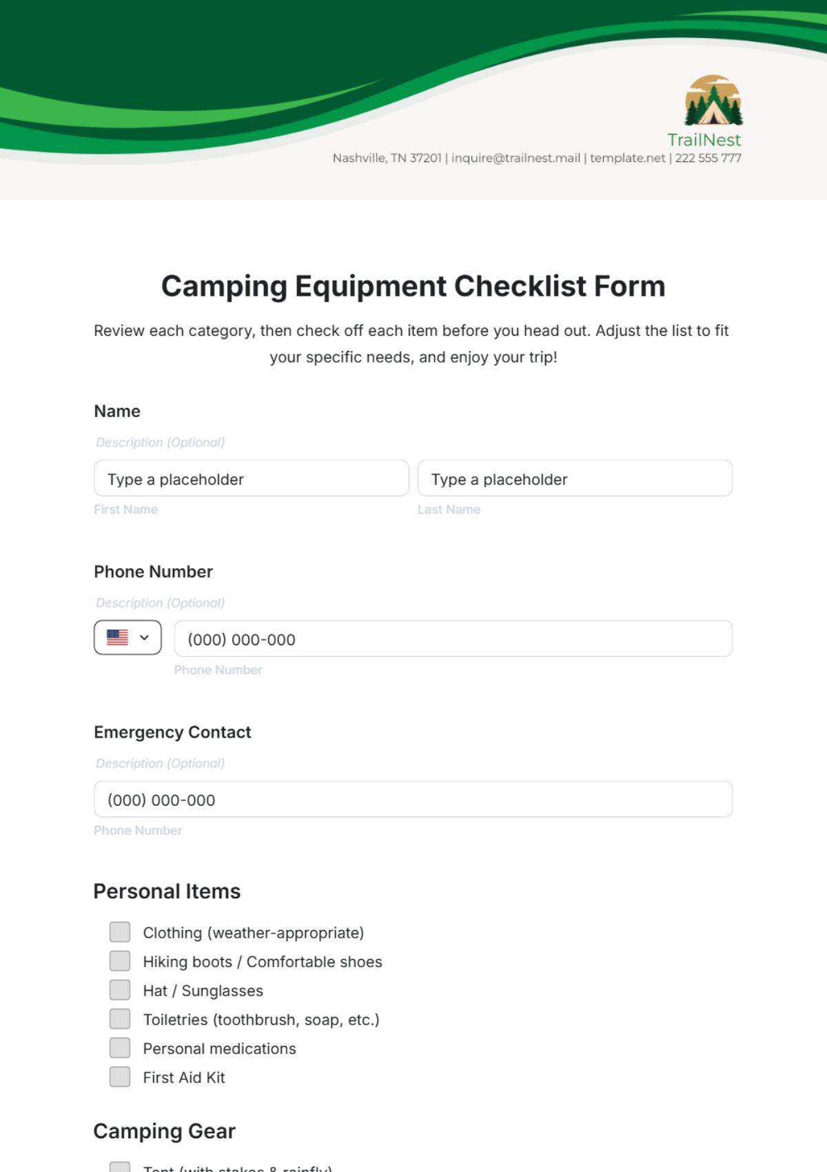 Camping Equipment Checklist Form Template - Edit Online & Download