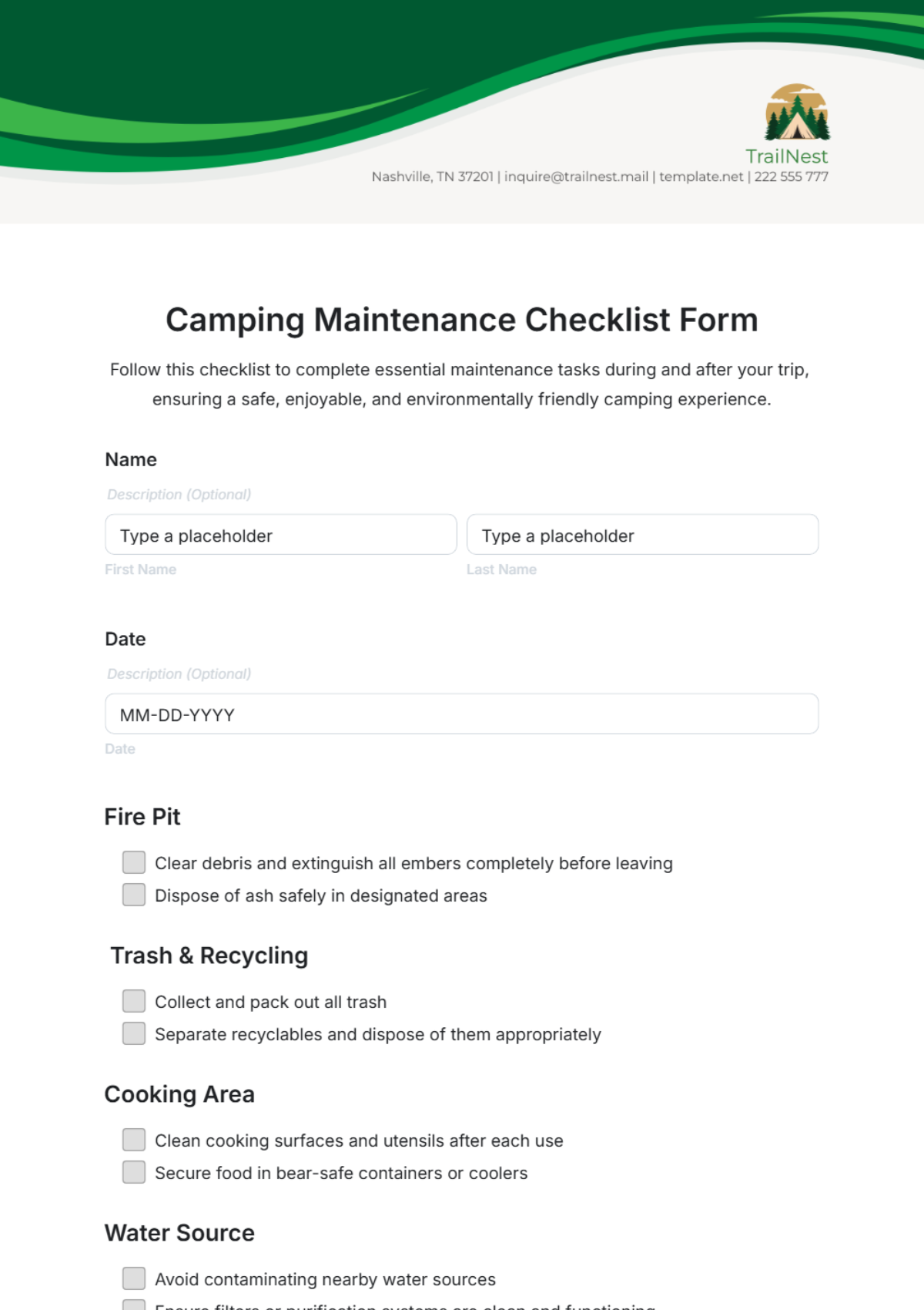 Camping Maintenance Checklist Form Template - Edit Online & Download