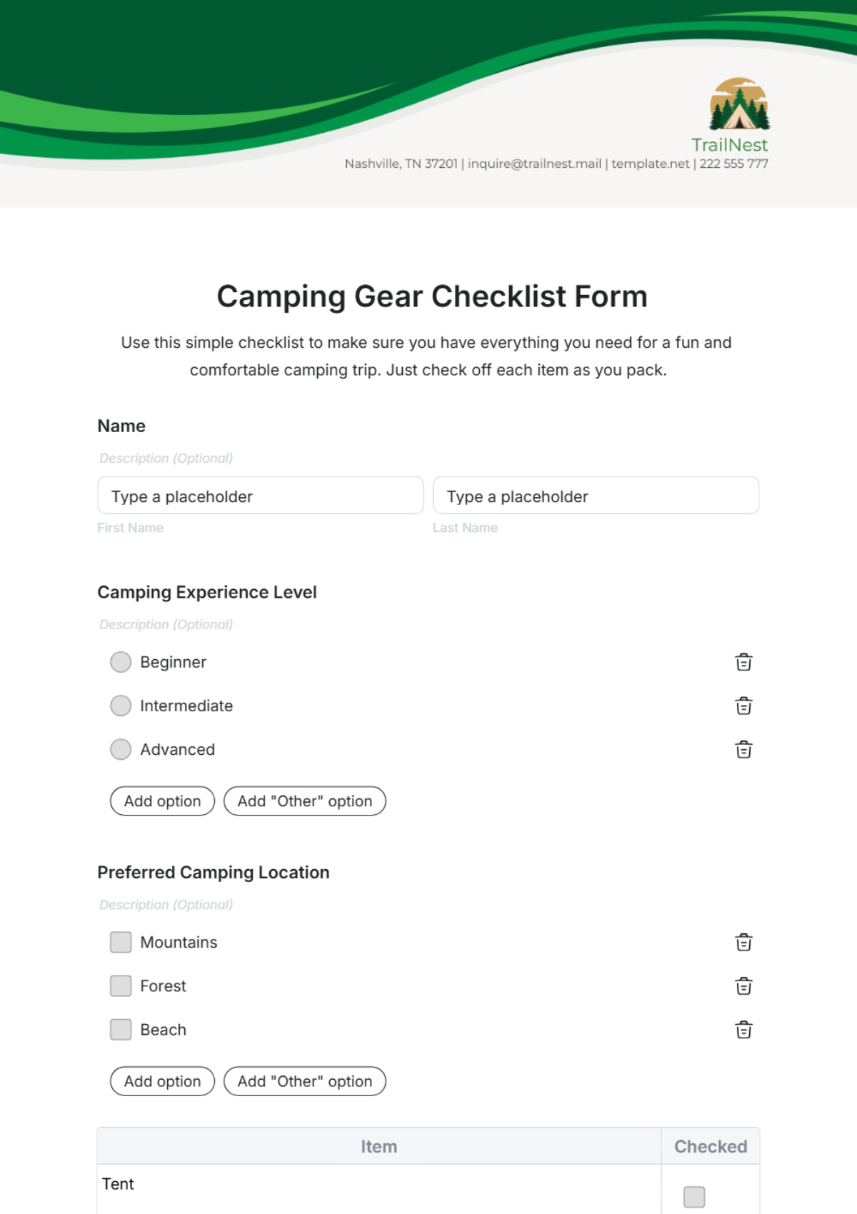 Camping Gear Checklist Form Template - Edit Online & Download