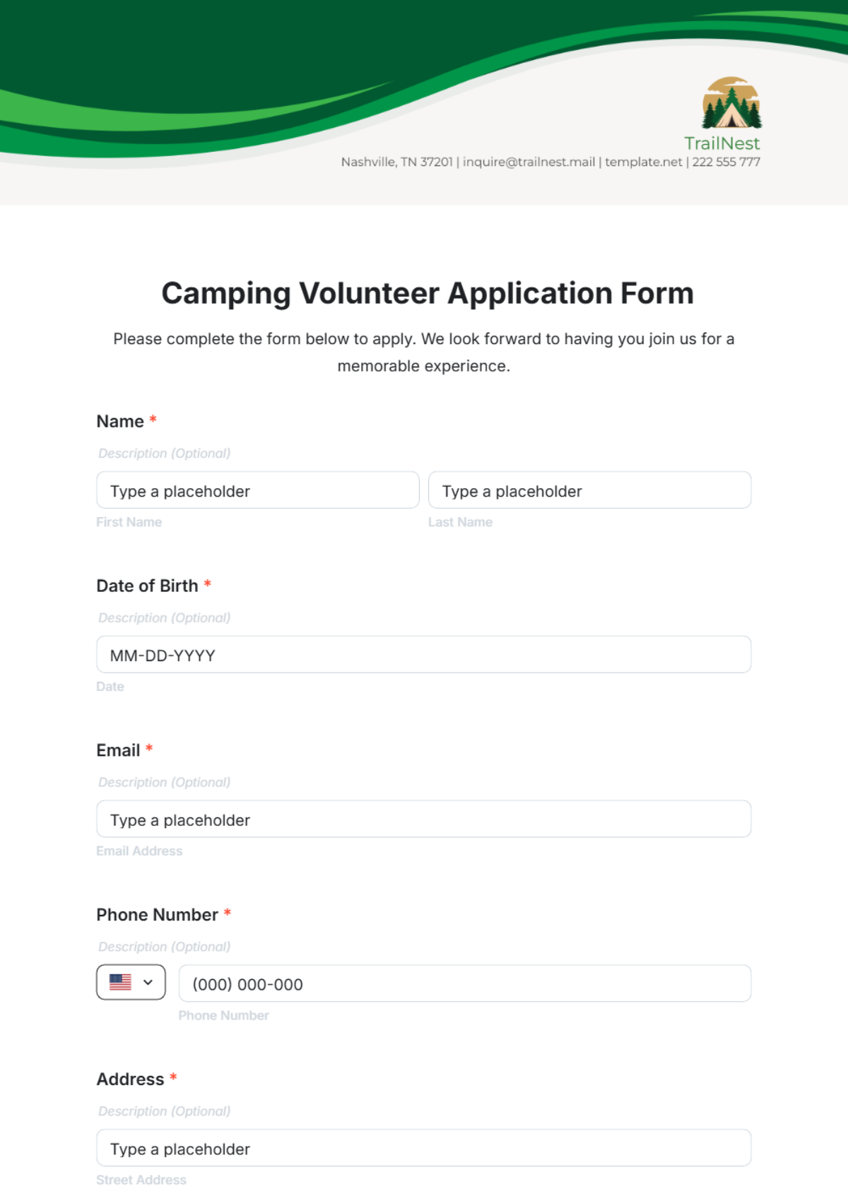 Camping Volunteer Application Form Template - Edit Online & Download