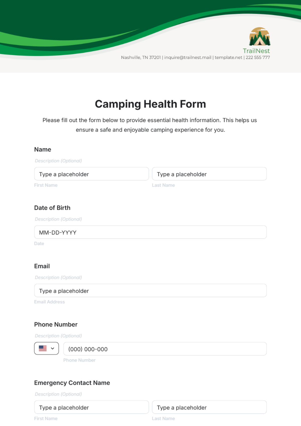 Camping Health Form Template - Edit Online & Download