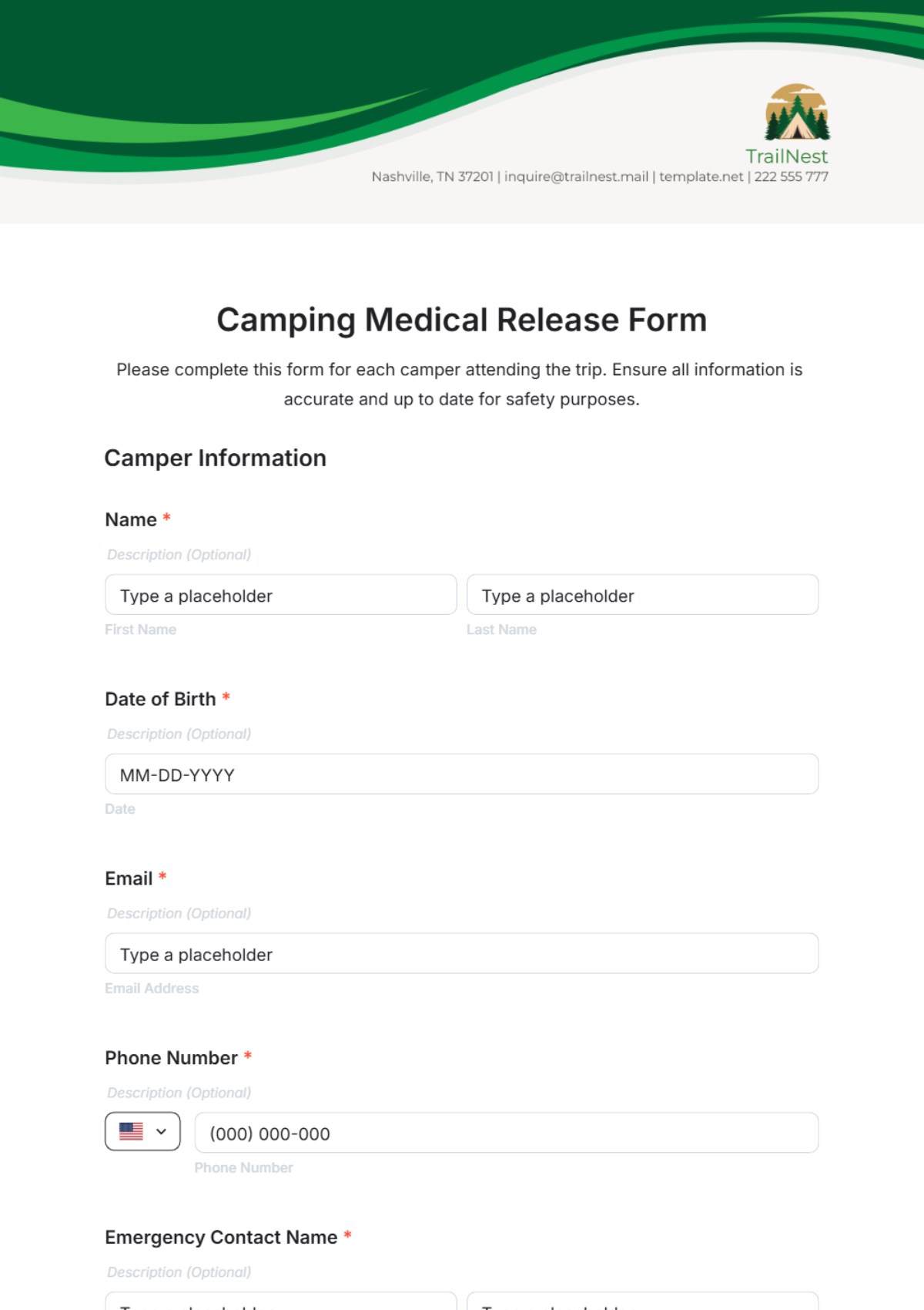 Camping Medical Release Form Template - Edit Online & Download