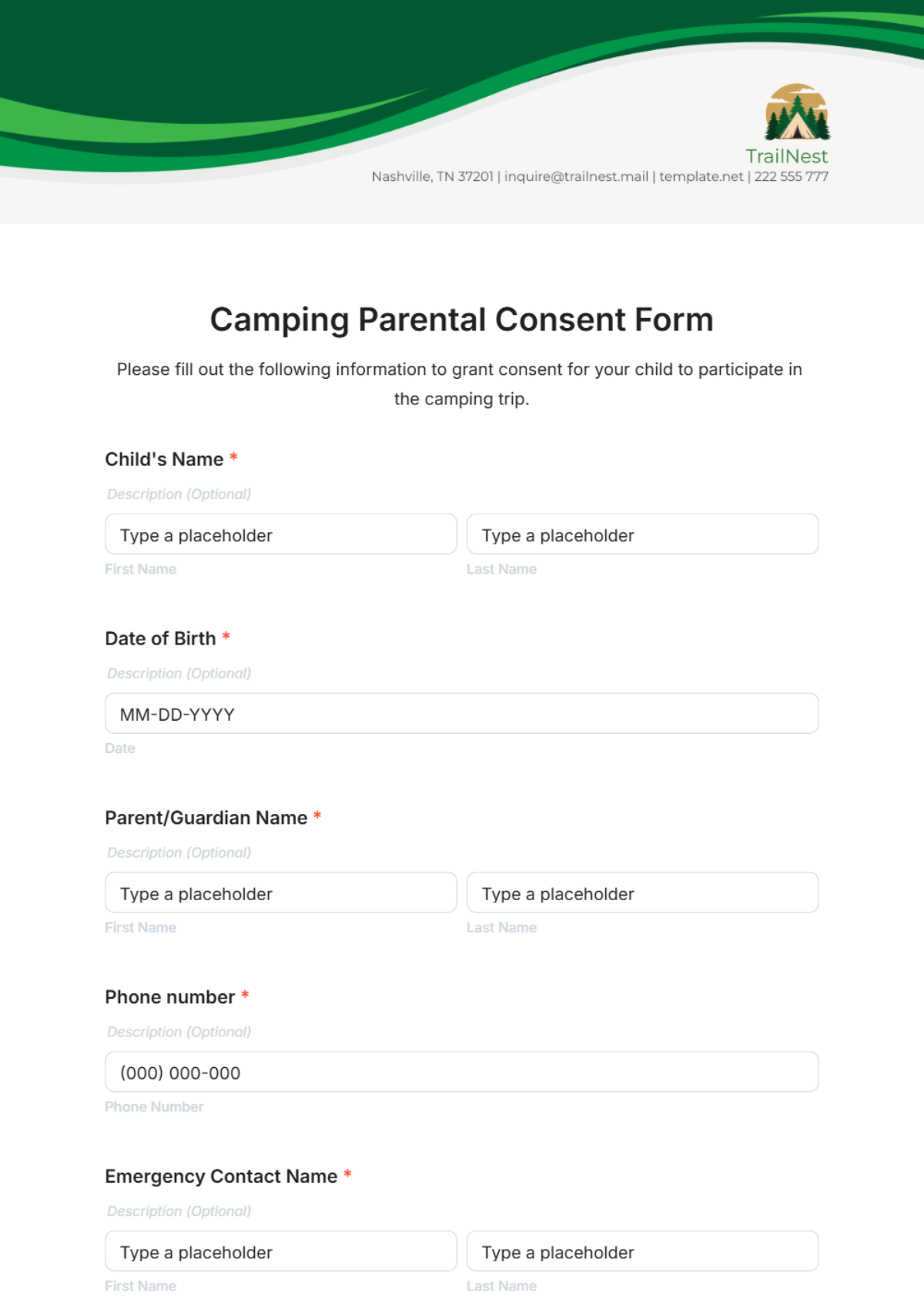 Camping Parental Consent Form Template - Edit Online & Download