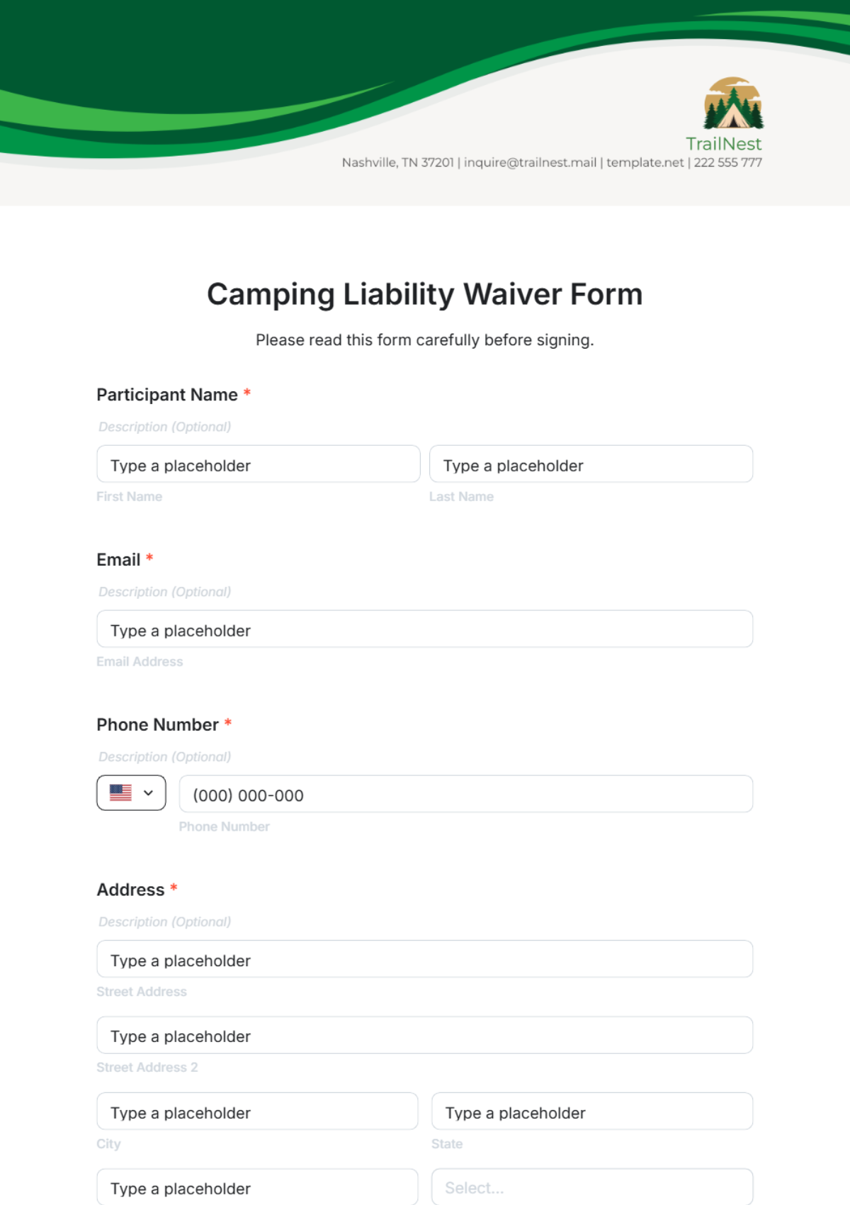 Camping Liability Waiver Form Template - Edit Online & Download