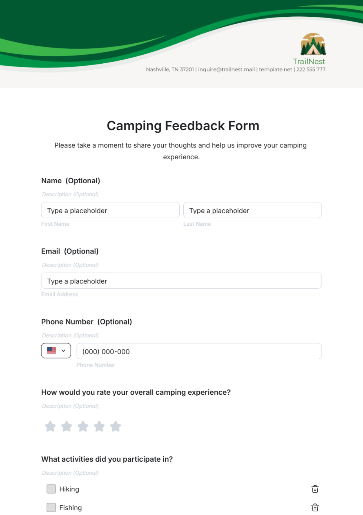 Camping Feedback Form Template - Edit Online & Download