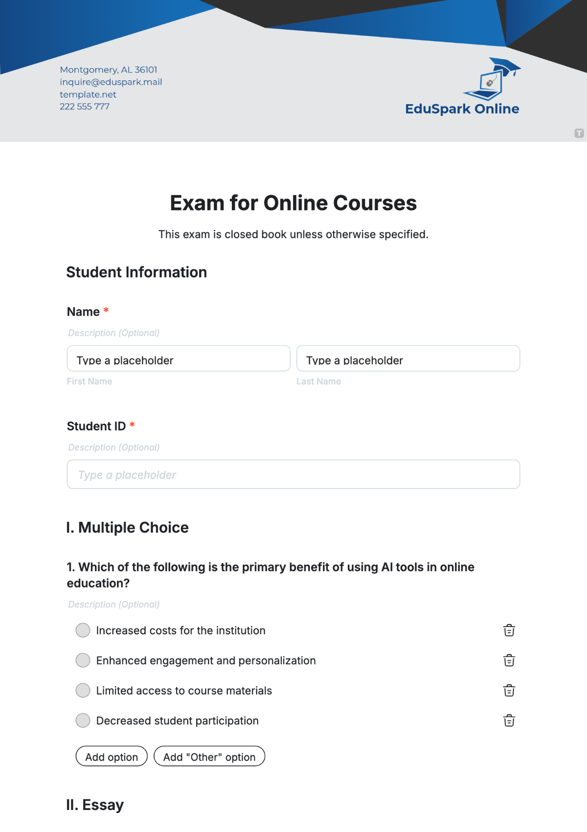 Free Exam Template for Online Courses