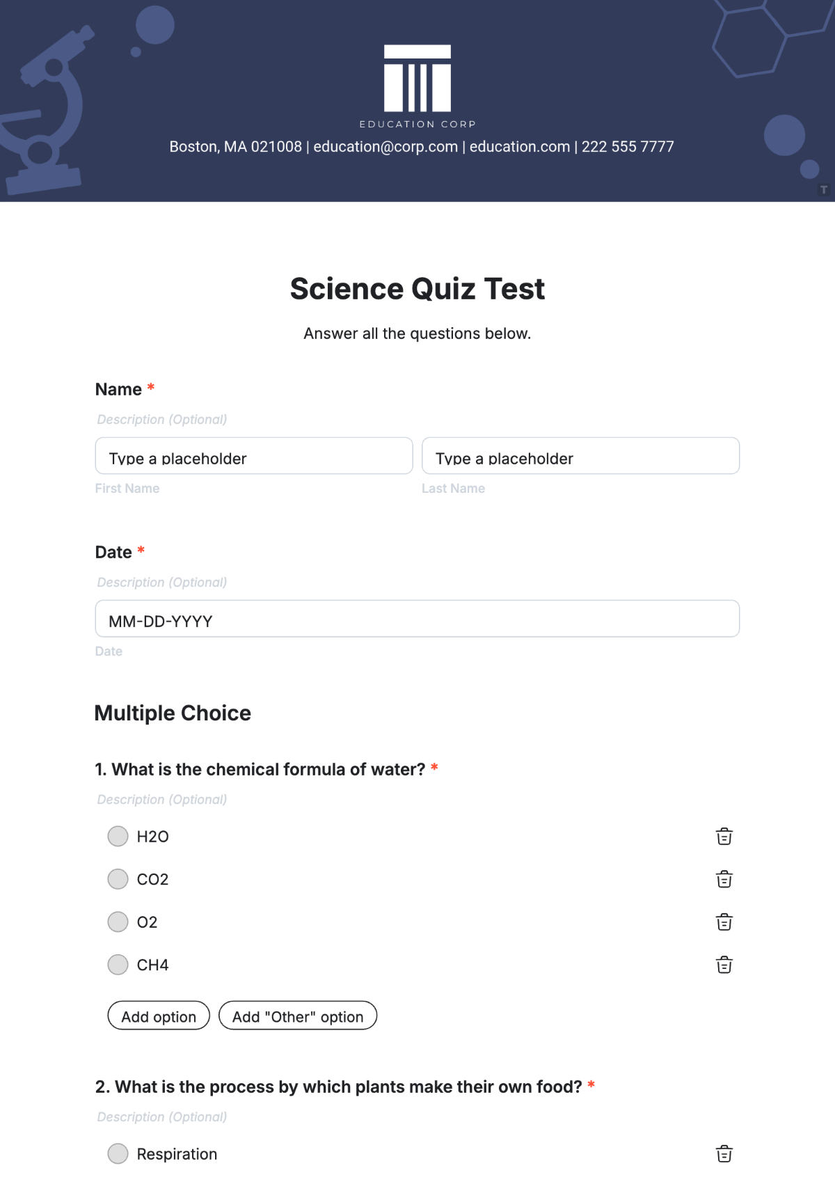 Free Science Quiz Test Template