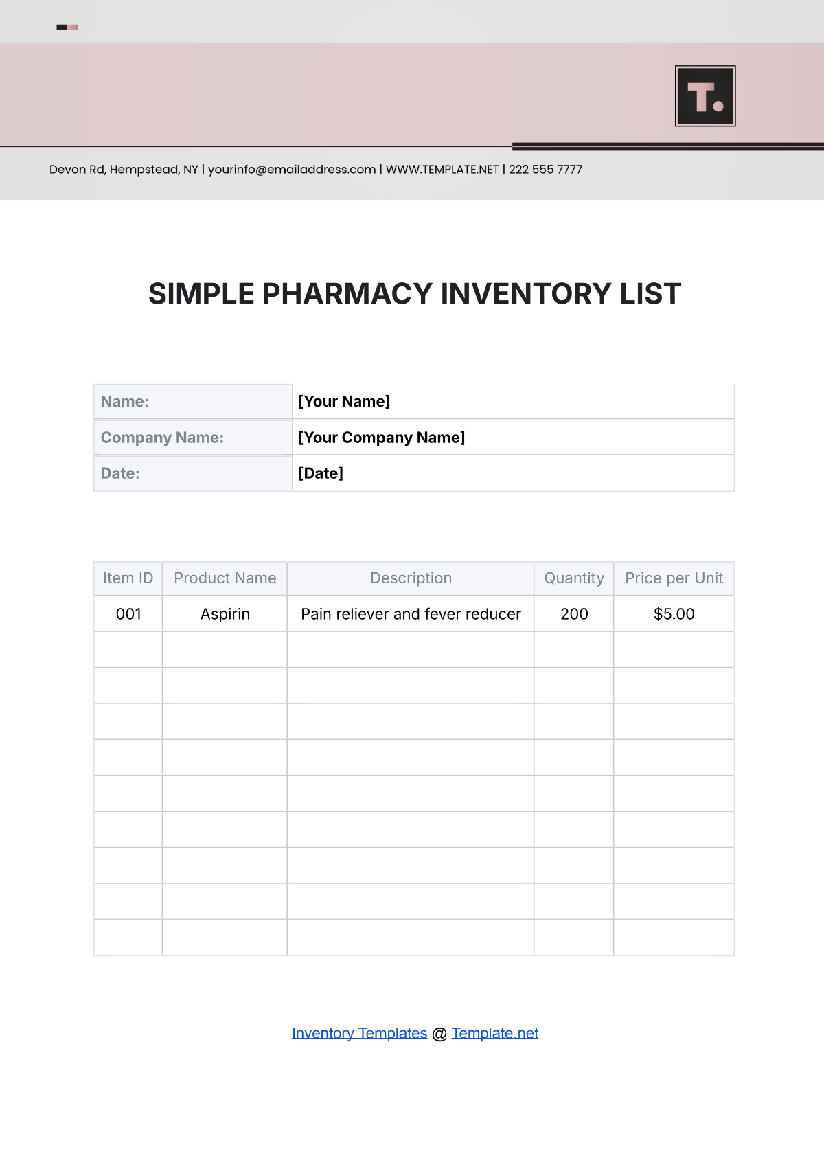 Simple Pharmacy  Inventory List Template - Edit Online & Download