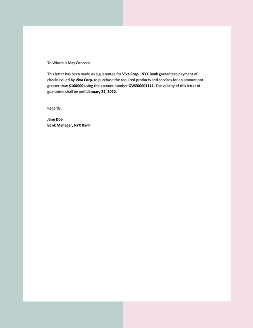 Free Financial Letter Guarantee Sample Template
