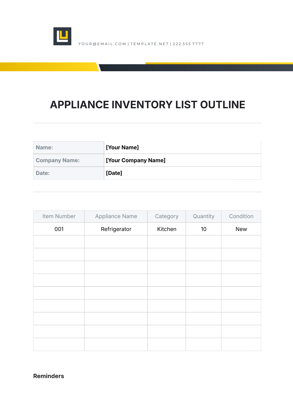 Appliance Inventory List Outline Template - Edit Online & Download