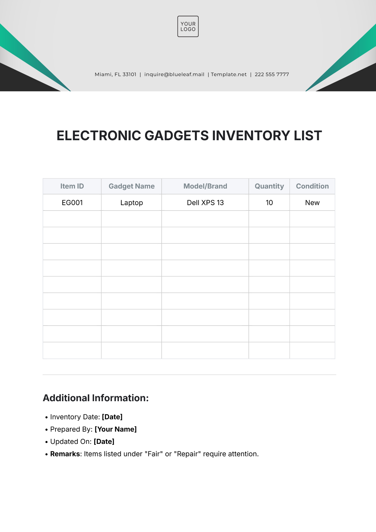 Electronic Gadgets Inventory List Template - Edit Online & Download