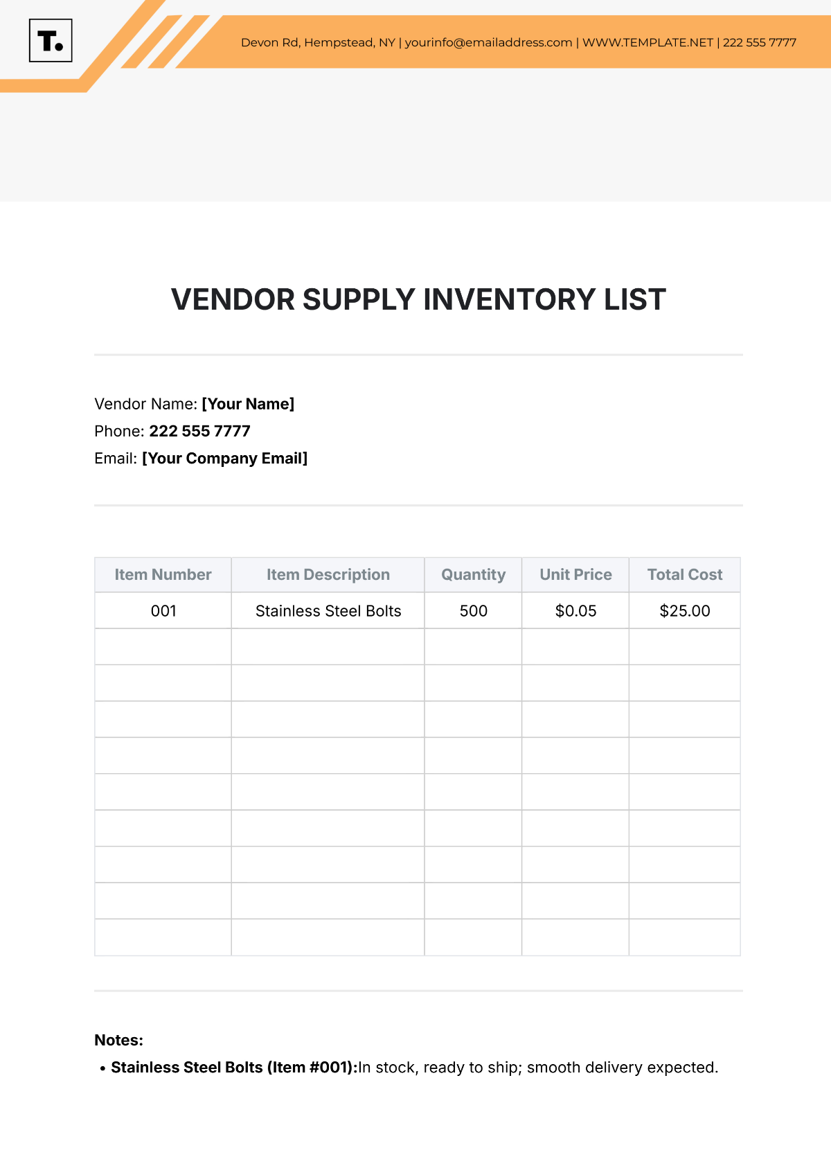 Vendor Supply Inventory List Template - Edit Online & Download