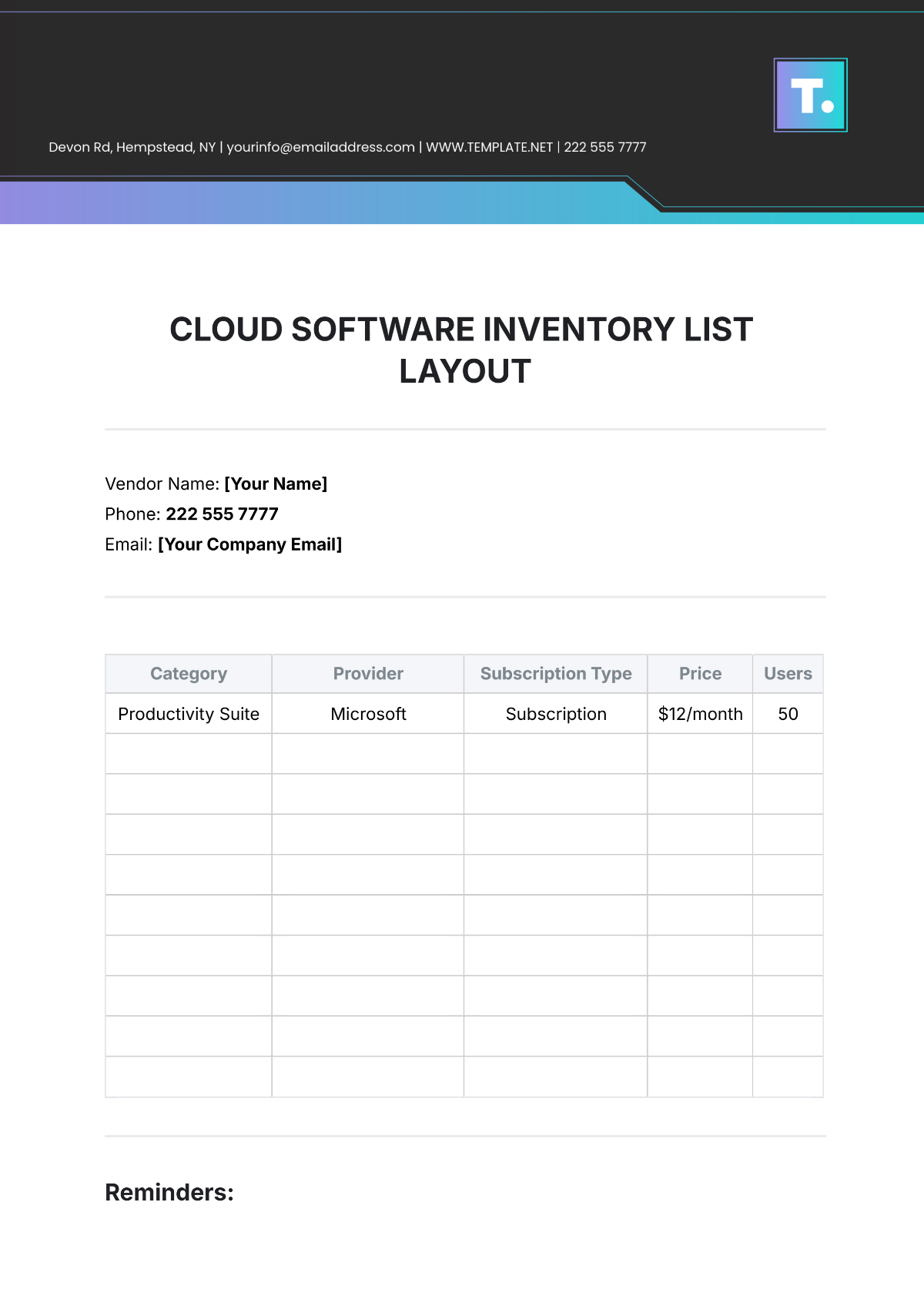 Cloud Software  Inventory List Layout Template - Edit Online & Download