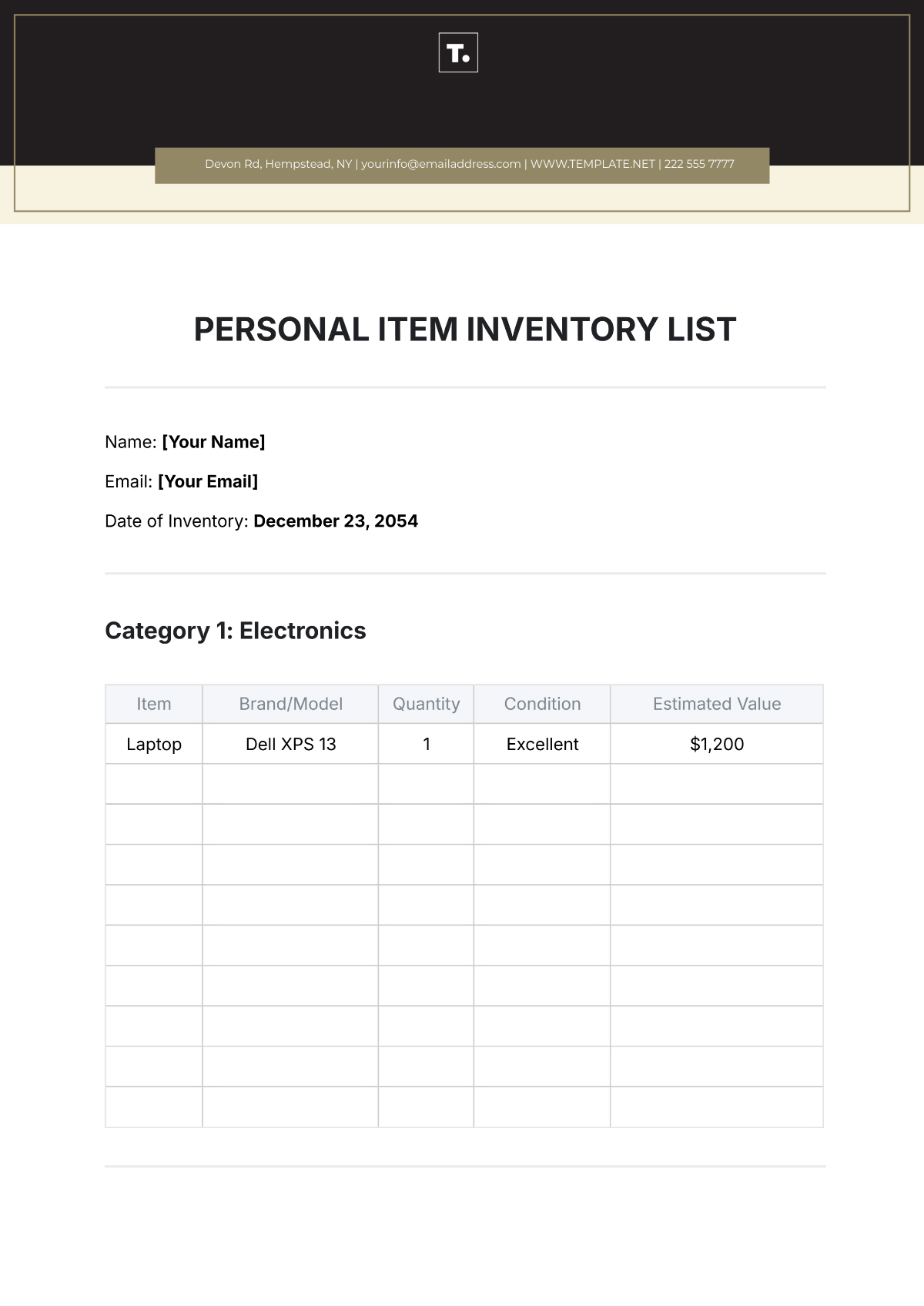 Personal Item Inventory List Template - Edit Online & Download