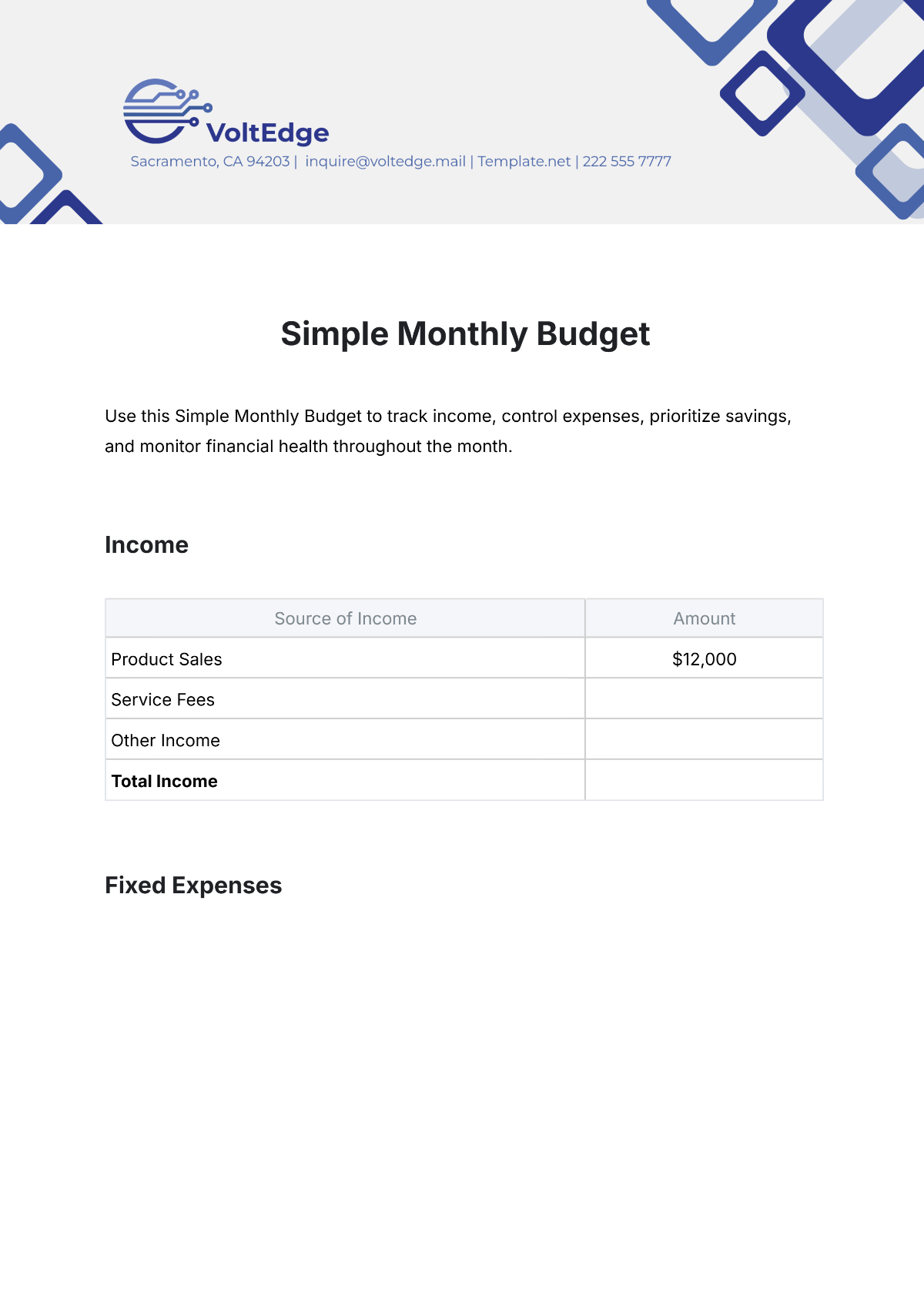 Simple Monthly Budget Template - Edit Online & Download