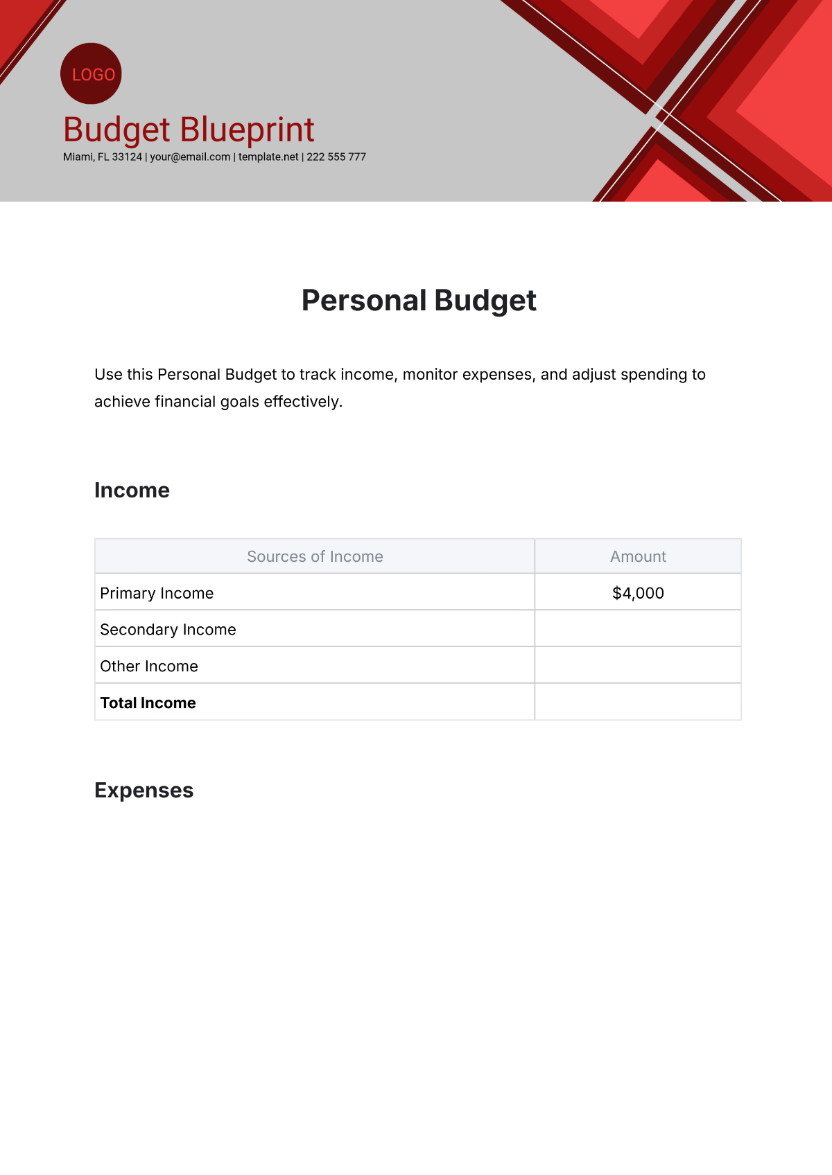 Personal Budget Template - Edit Online & Download