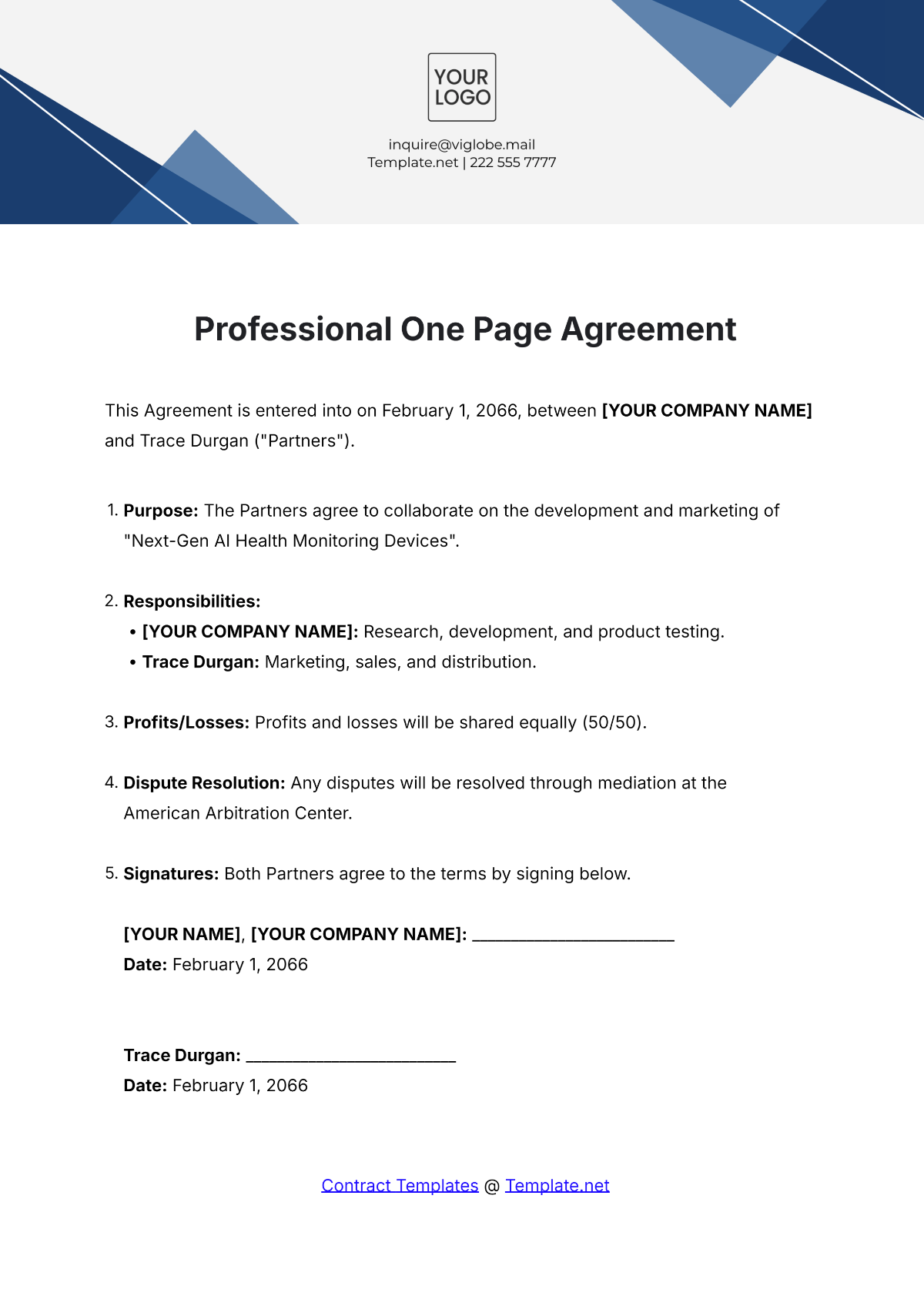 Professional One Page Agreement Template - Edit Online & Download