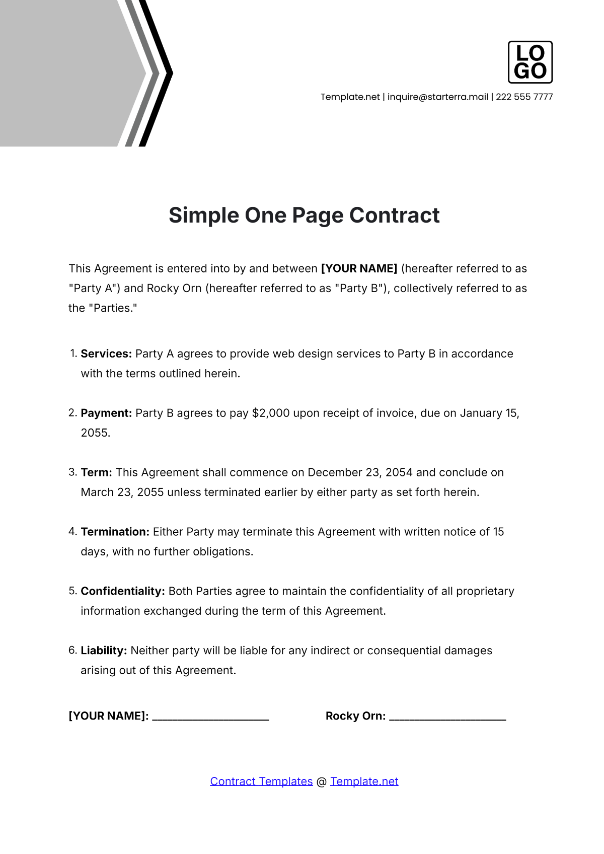 Simple One Page Contract Template - Edit Online & Download